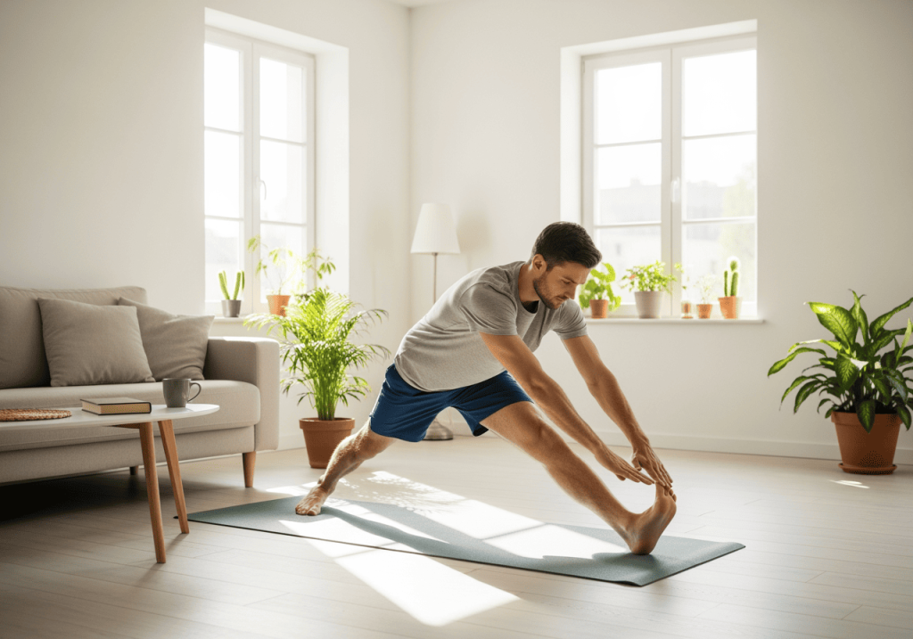 男性在家做簡單伸展運動，客廳空間明亮