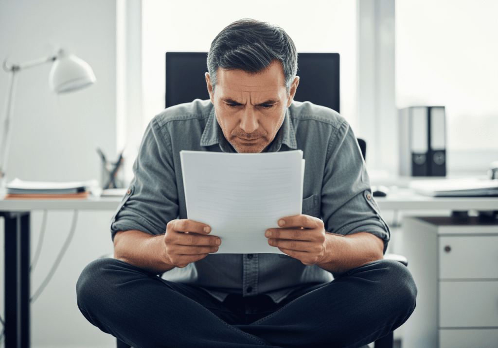 中年男性久坐辦公室椅子，雙腿交叉皺眉看文件