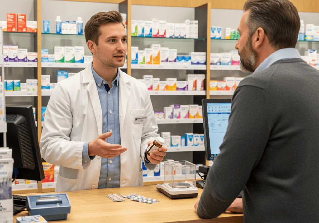 藥師在藥局向男性顧客解說
