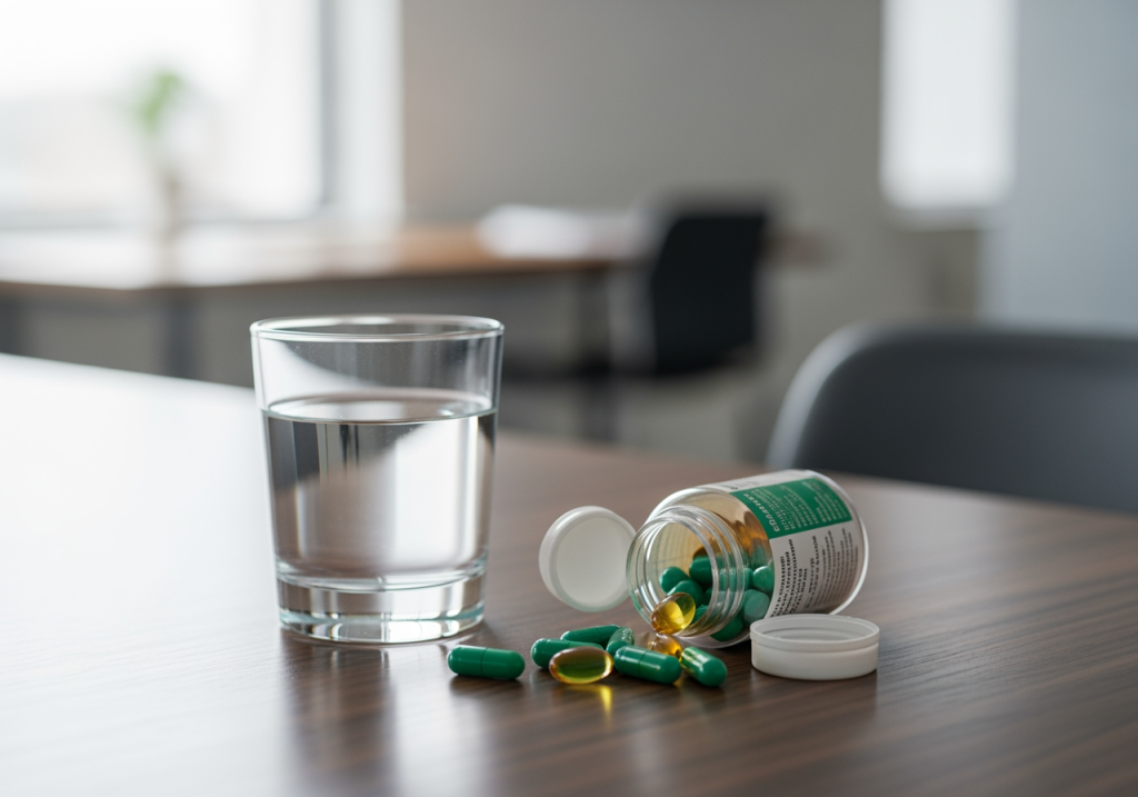 桌面放著水杯與保健品膠囊