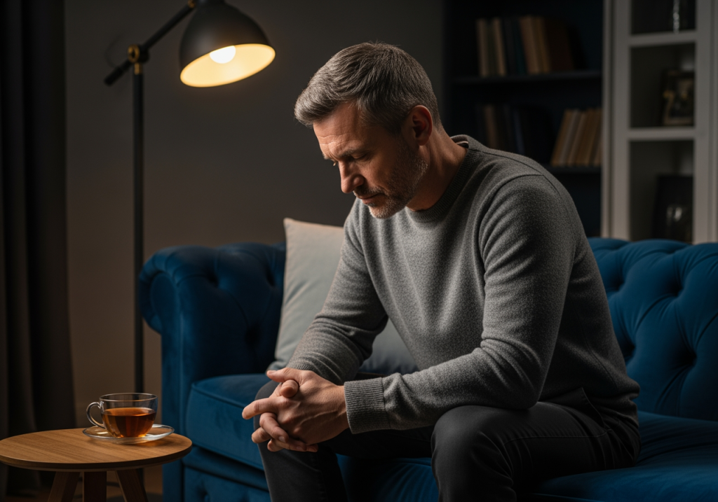 50 歲以上男性坐在沙發上低頭沉思