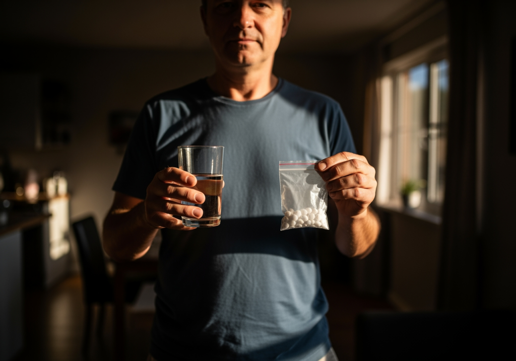 清晨室內，一位中年男子拿著水杯與藥袋
