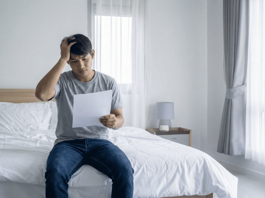 男子坐在床邊查看健檢報告