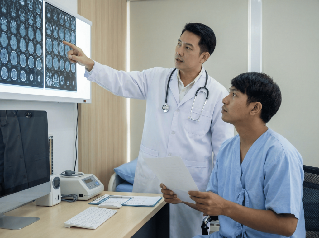 診間內醫師指著影像檢查結果,向患者提醒症狀觀察