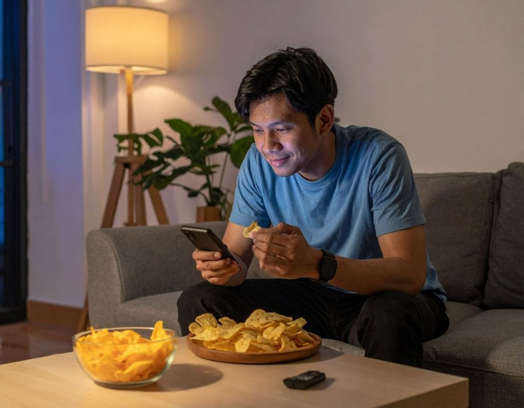 夜晚客廳中，男子一邊滑手機一邊吃零食