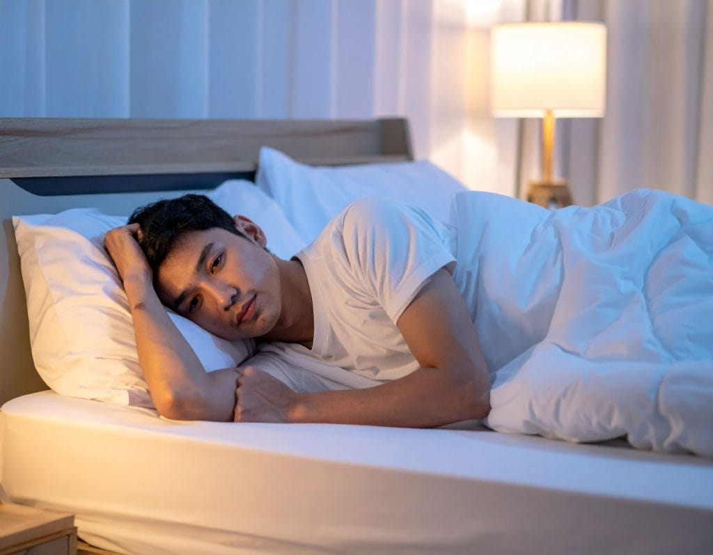 夜晚臥室中，男性起床　神情疲憊