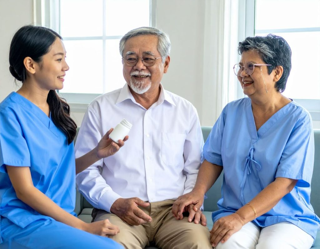 醫院候診區中，長輩拿著慢性病處方箋