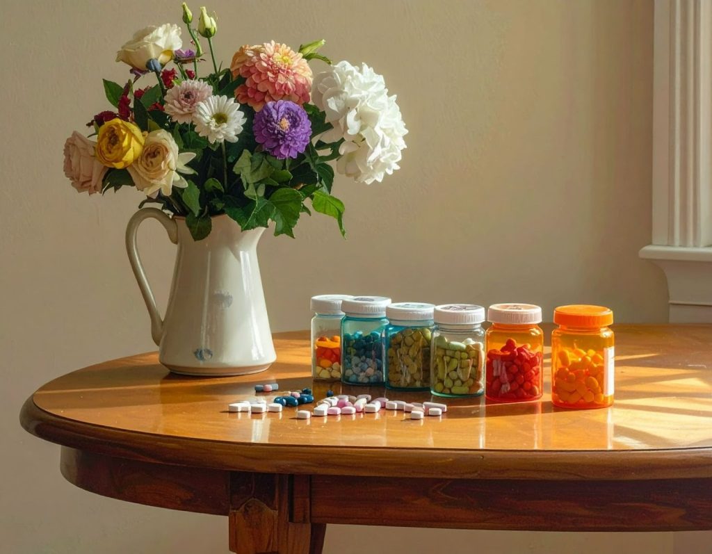 藥盒整齊排列在餐桌上