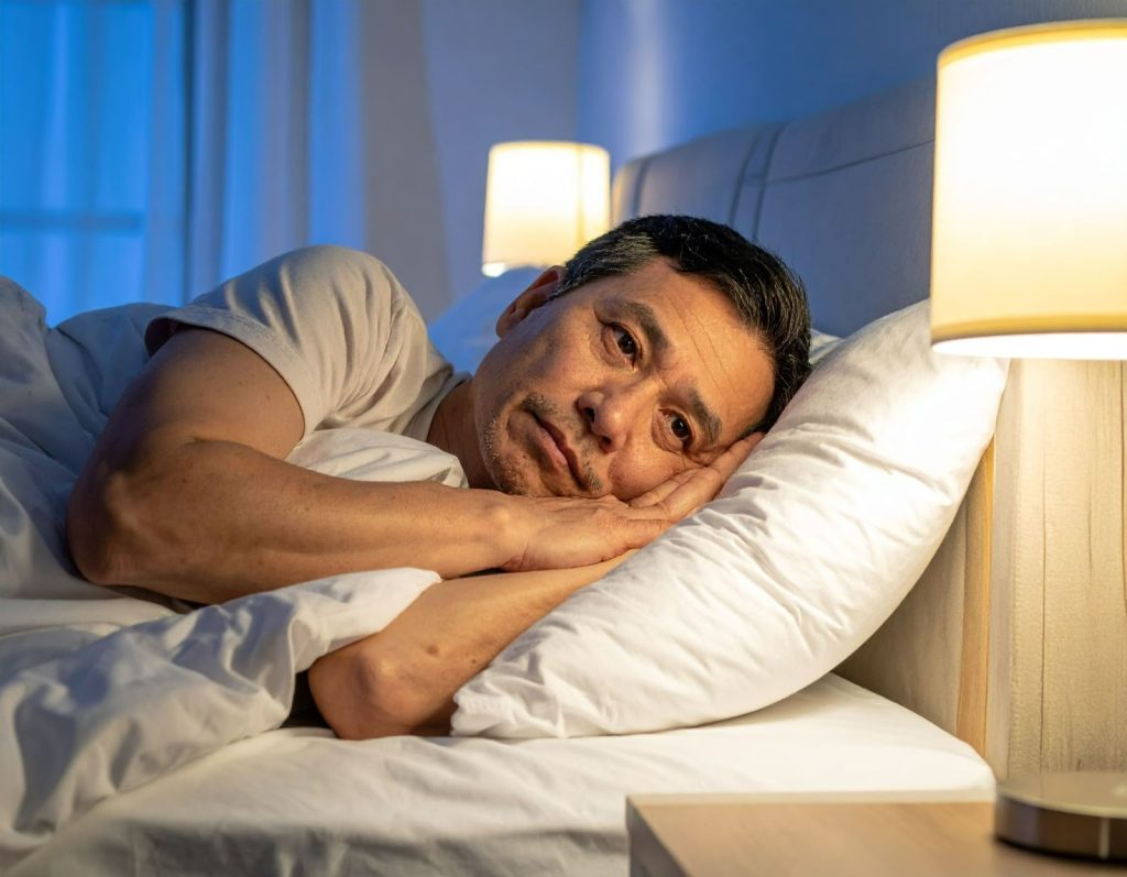 中年男性在夜晚多次起床，表情疲憊