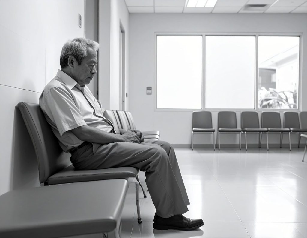 男性坐在診所候診區，表情擔憂不適