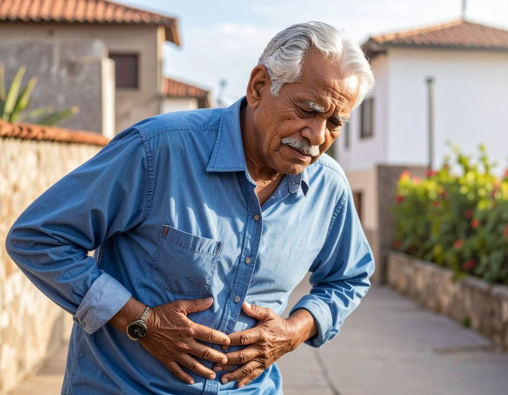 老人扶著肚子看起來身體不適