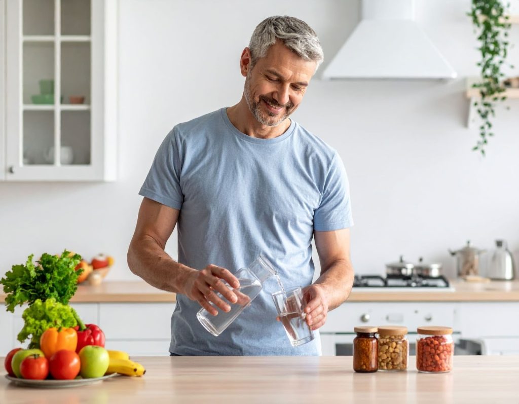 中年人在廚房倒水，準備服用保健品