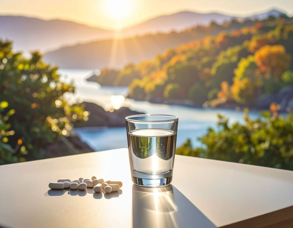 早餐前的餐桌上放著一杯水與膠囊