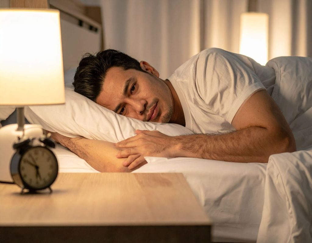 男子晚上起床，表情困倦不適