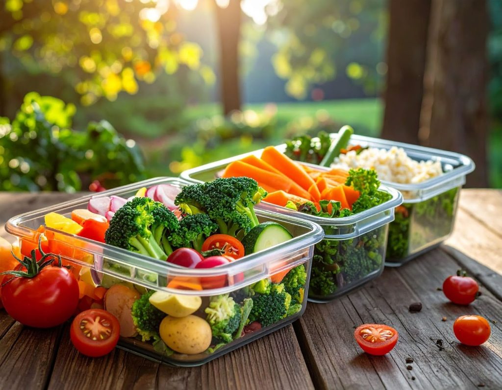 餐桌上蔬菜、健康便當並排，反映長期飲食習慣對身體的影響