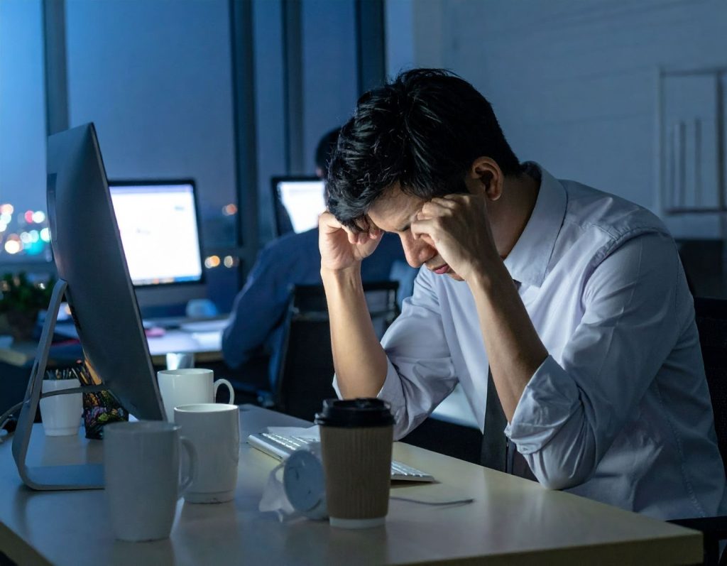 上班族深夜還坐在電腦前加班，桌上咖啡空杯堆積，露出疲憊卻硬撐的神情