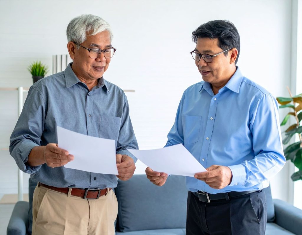 診所候診區，年長患者低頭看檢查報告