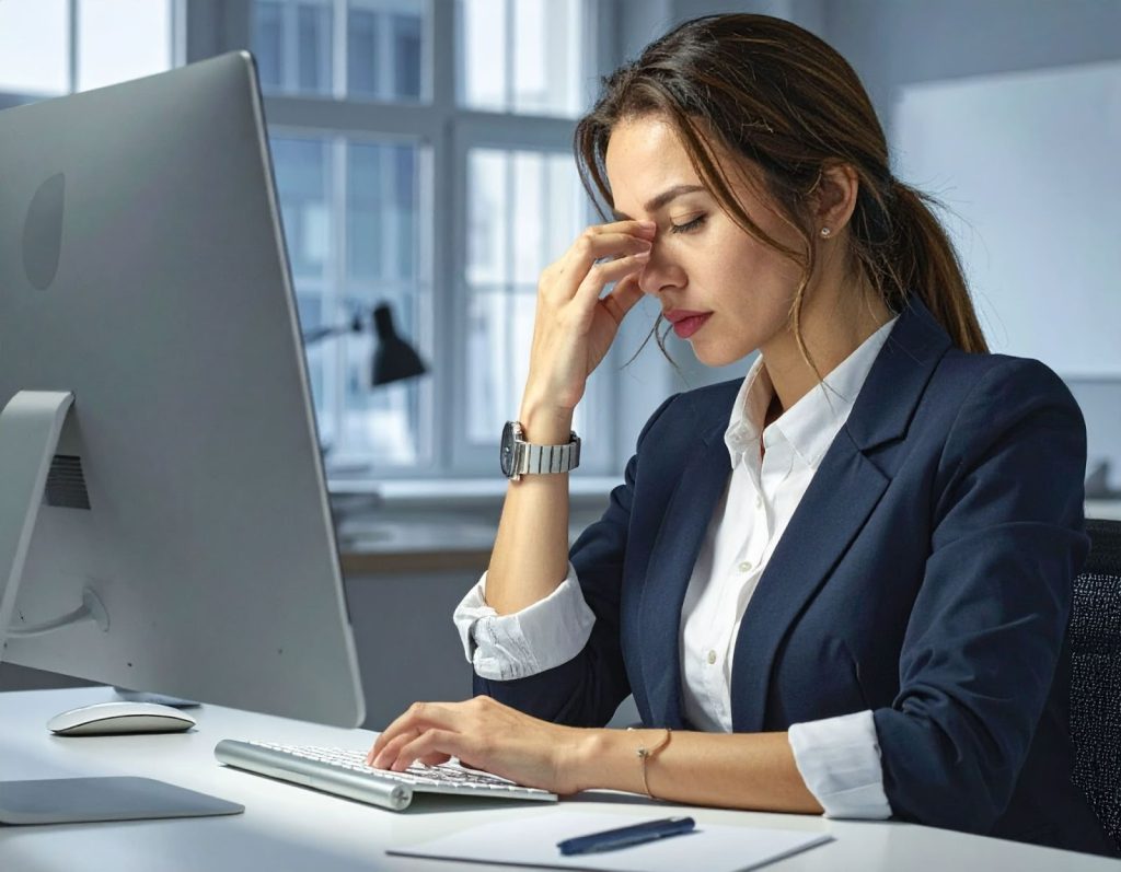 女子在辦公室久坐盯著電腦，因為疲憊而揉眼睛