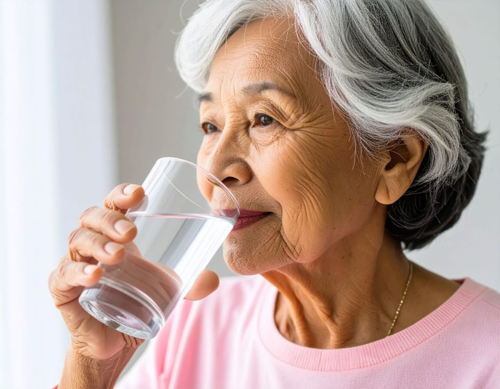 老人正在喝水配膠囊補給品