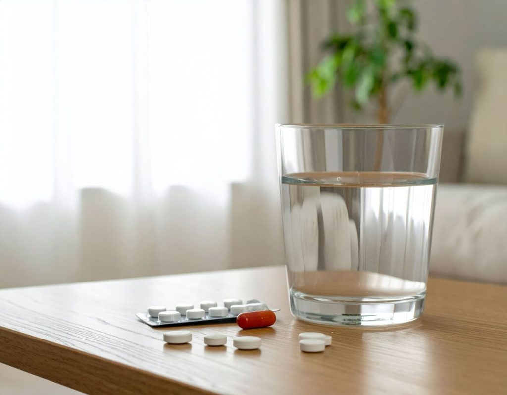 桌上放著一杯水跟藥品