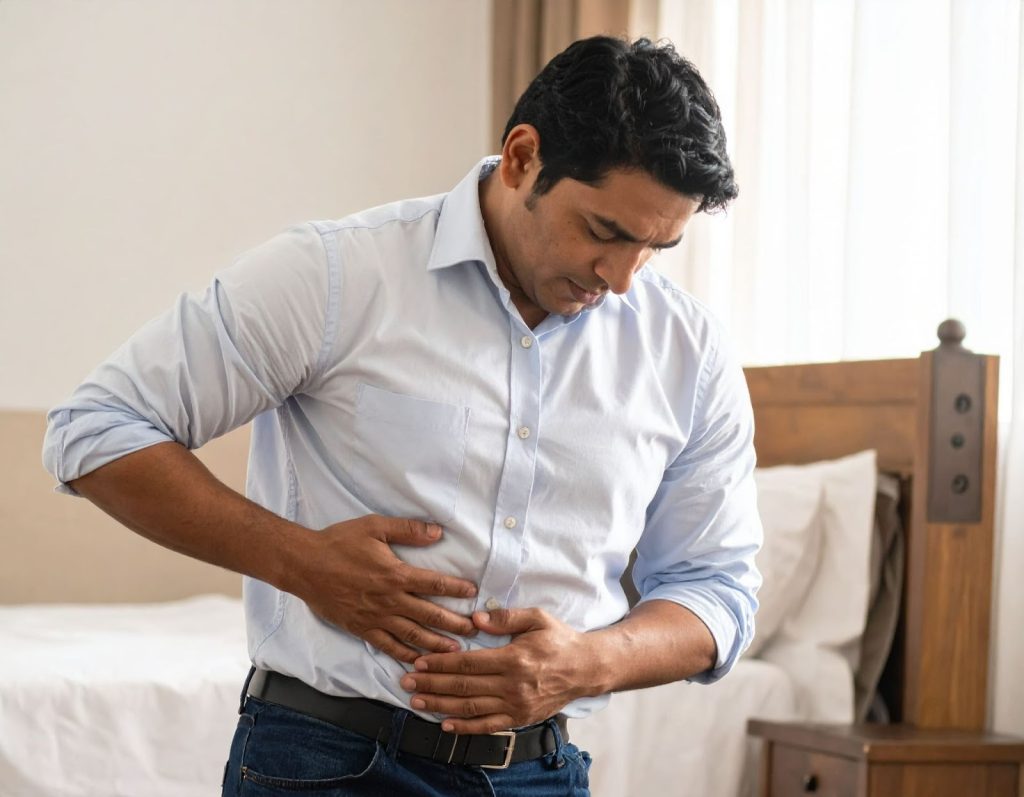 男子久坐後站起來,揉著悶脹腹部的不適畫面