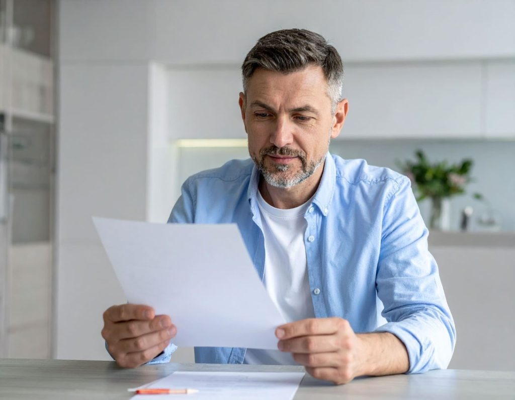 40 多歲男性在家閱讀檢查報告