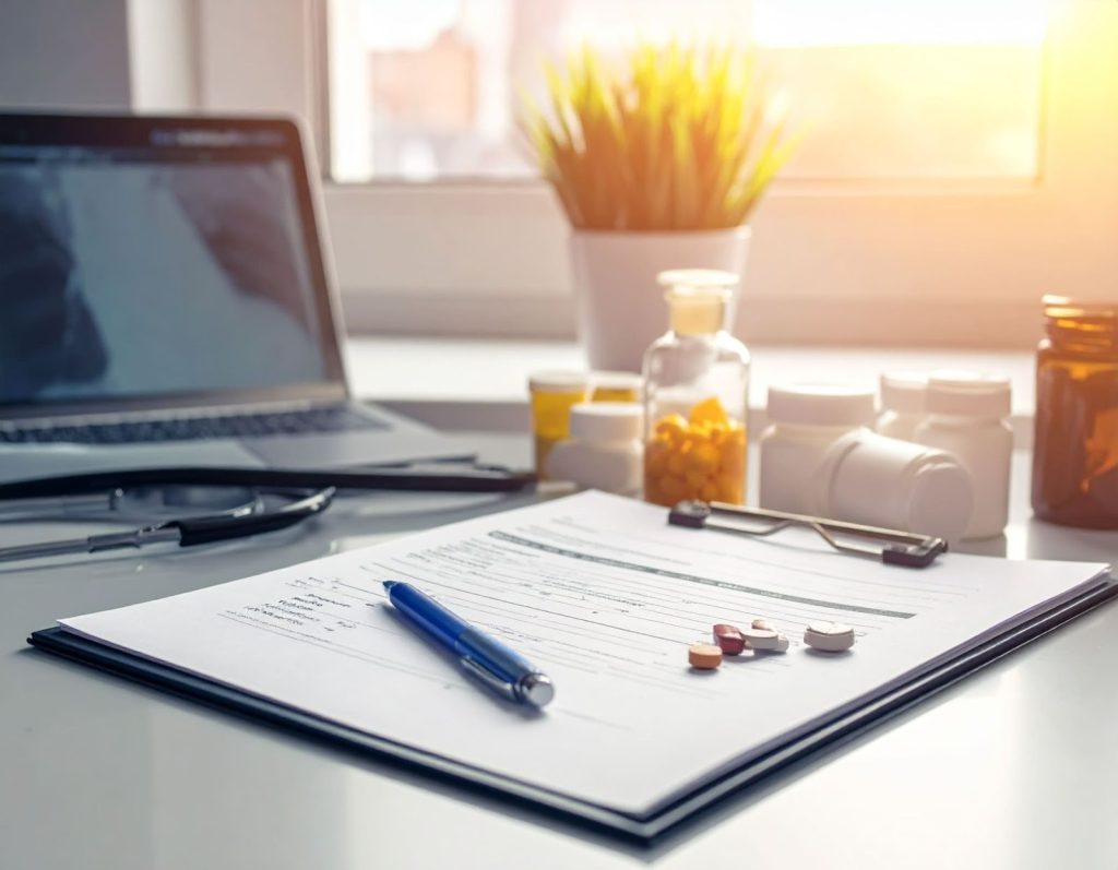 書桌上放著醫療單與藥品