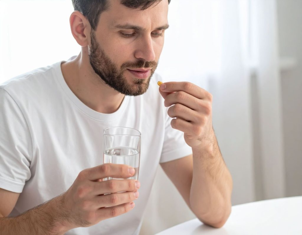 男子坐在餐桌前吃膠囊配水
