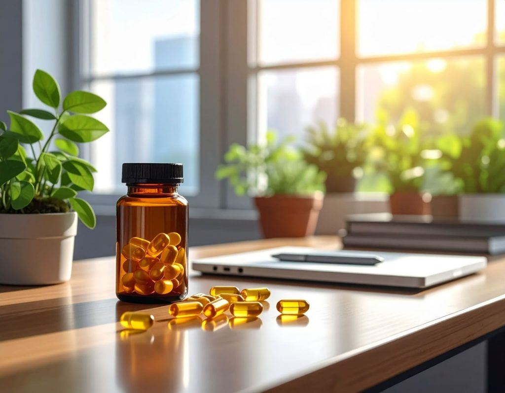 書桌上放著保健品