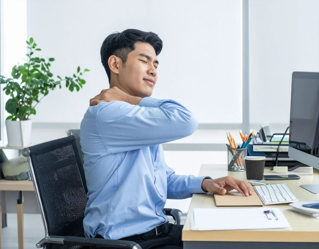 上班族在辦公桌前揉著肩頸，長期痠痛反覆出現