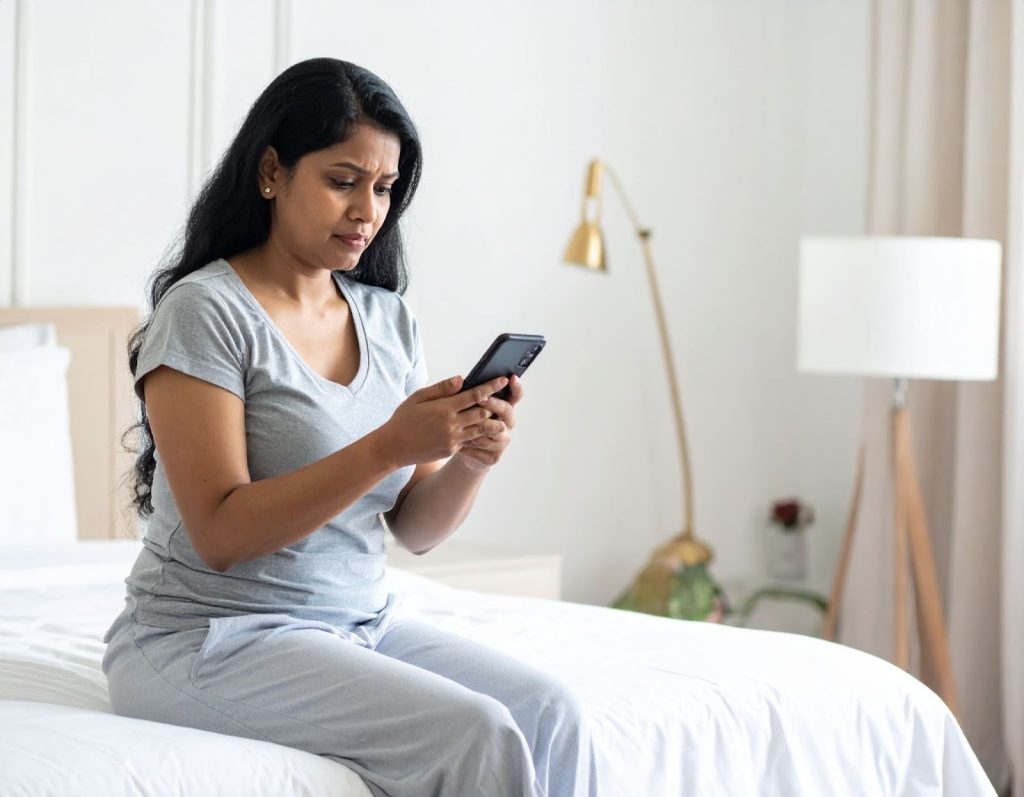 女性坐在臥室床邊查看手機健康資訊,表情略顯不適