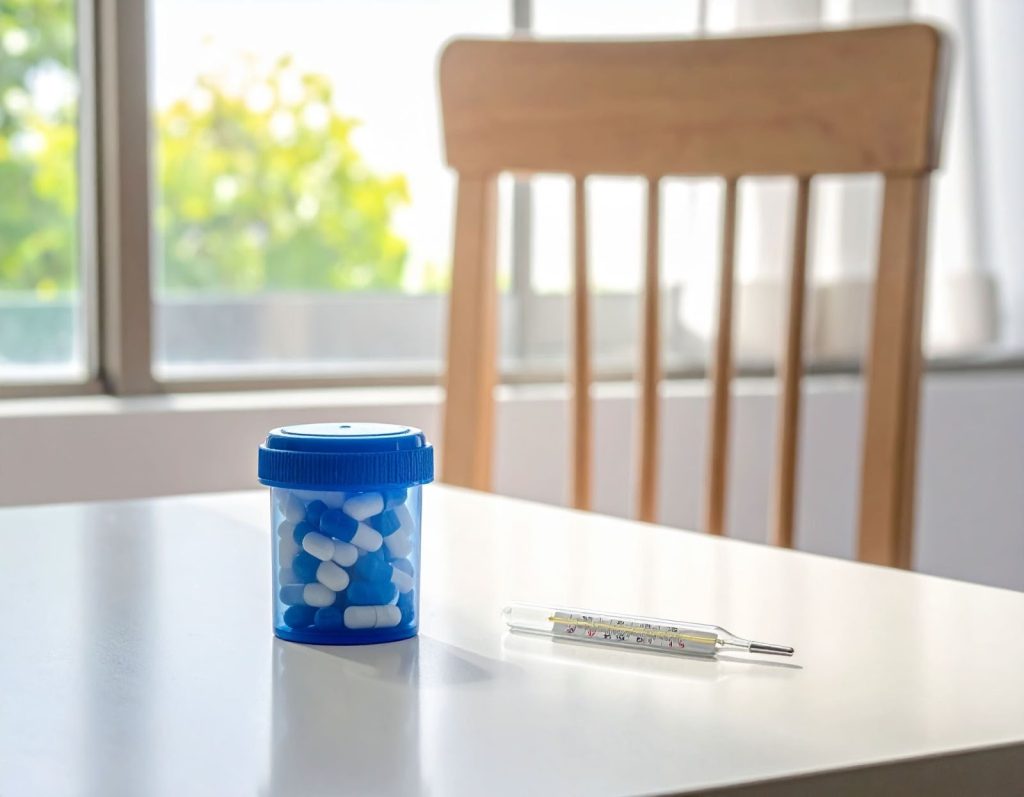 書桌上,藥盒與溫度計簡單放在桌面上