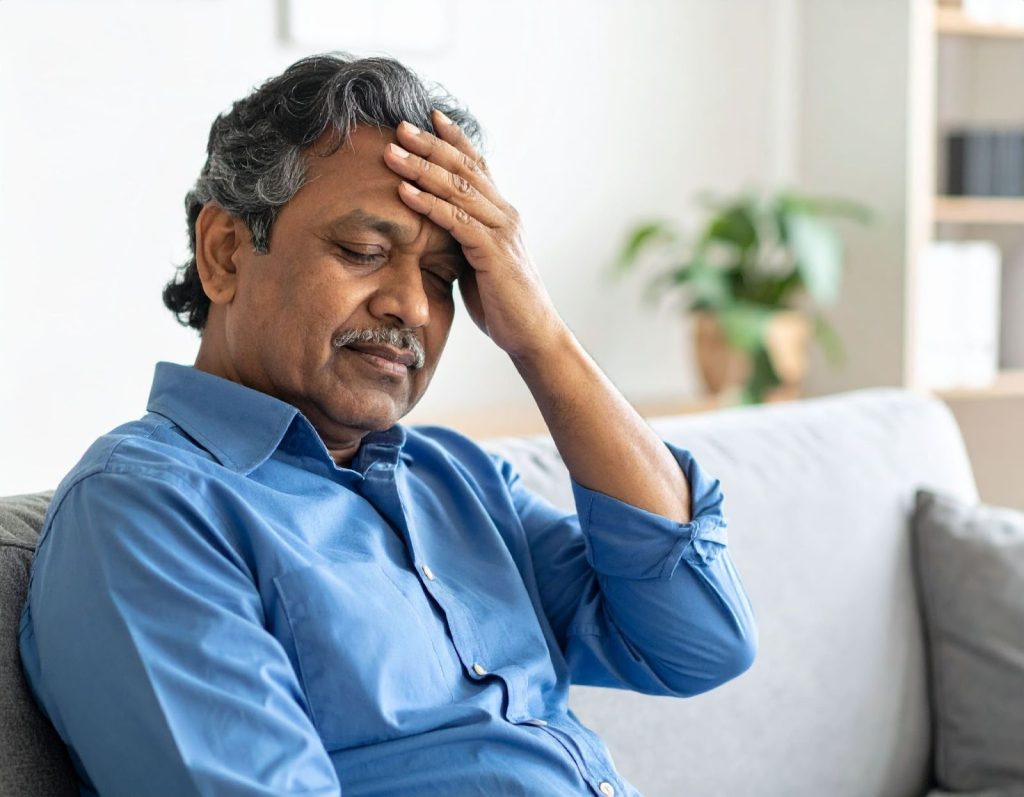 中年男性坐在家中沙發，手扶額頭感到疲憊