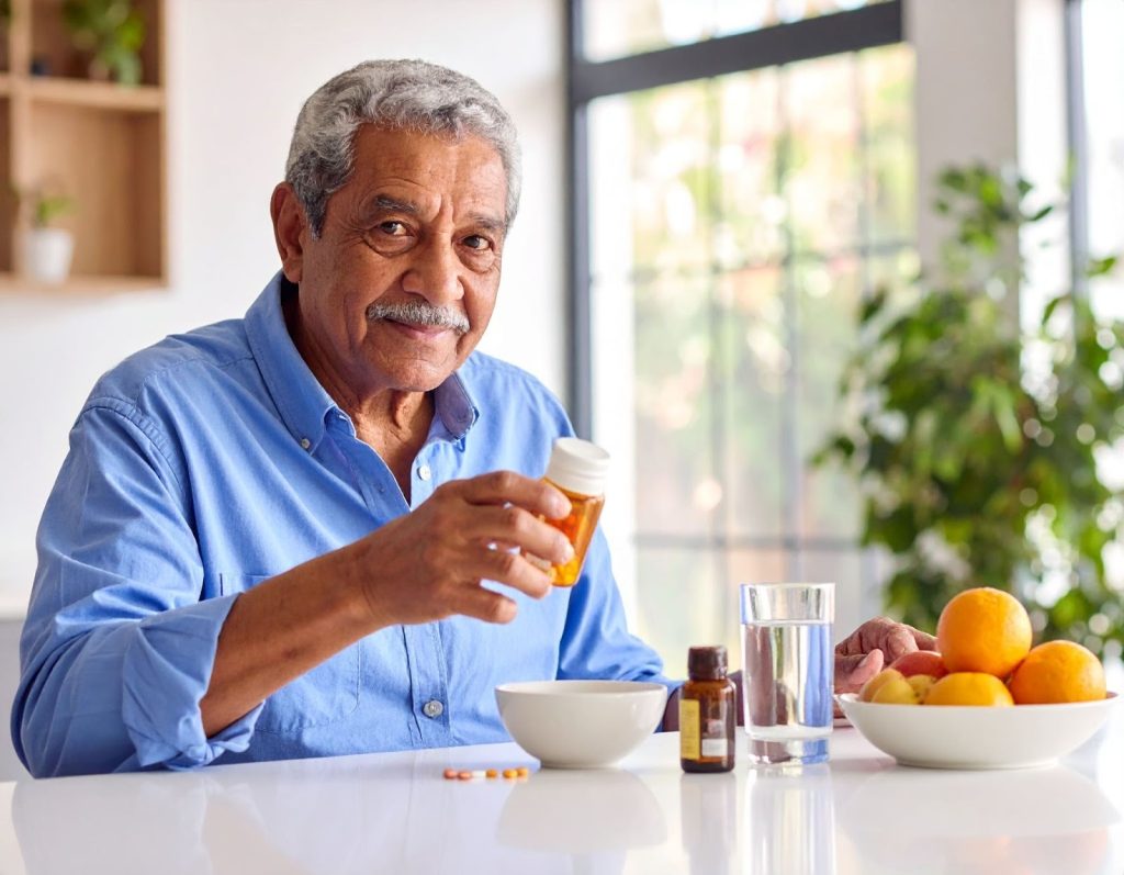 阿公在早餐桌前準備服用保健品