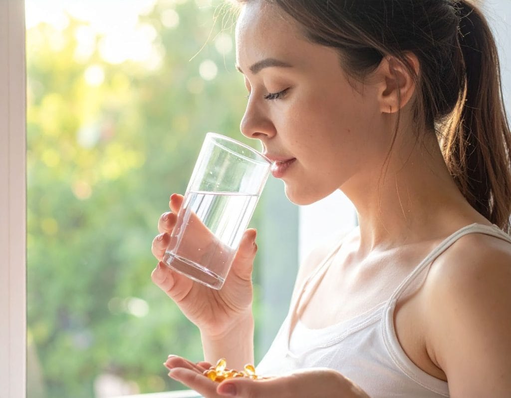 女性坐在窗邊喝水服用保健品，畫面明亮