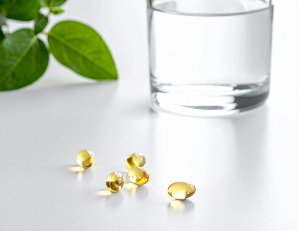 白色桌面上放著膠囊與一杯清水