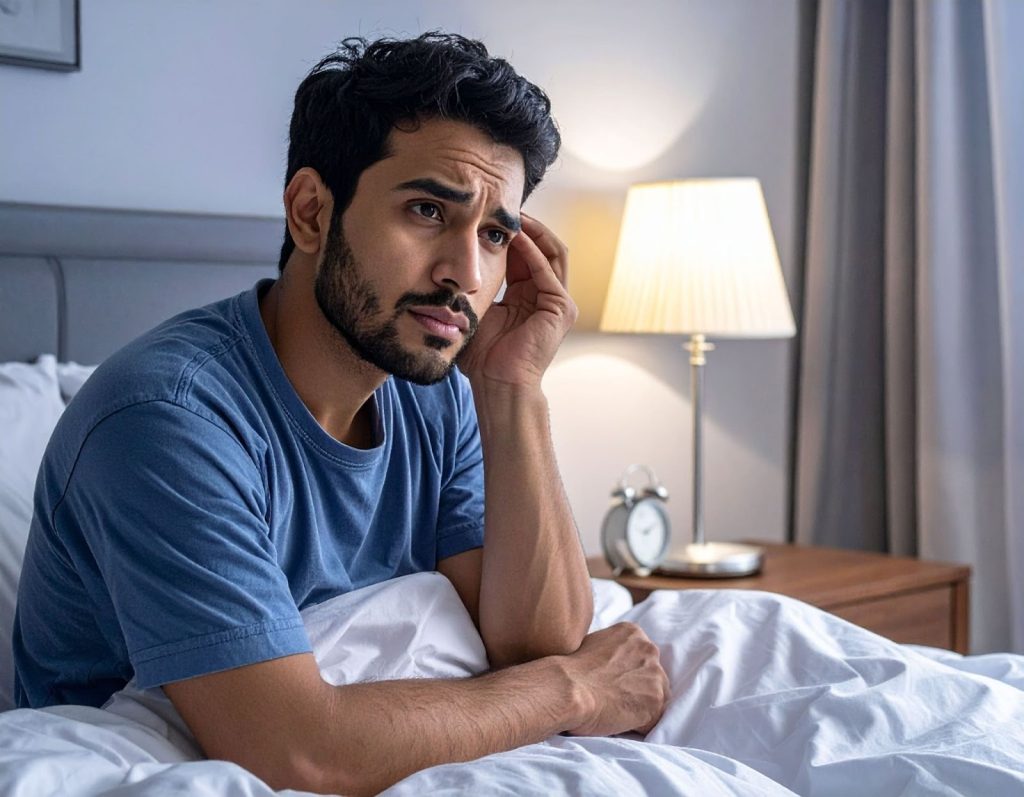 男性半夜坐在床上，因為失眠而表情不適