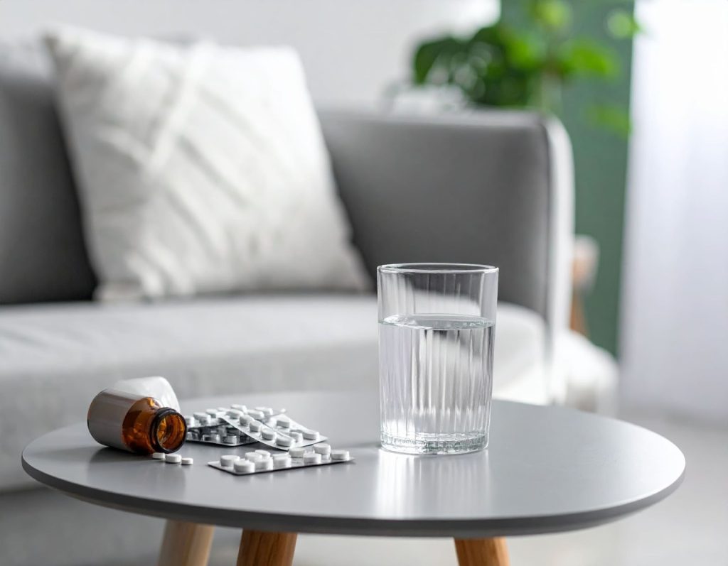茶几上放著水與藥品