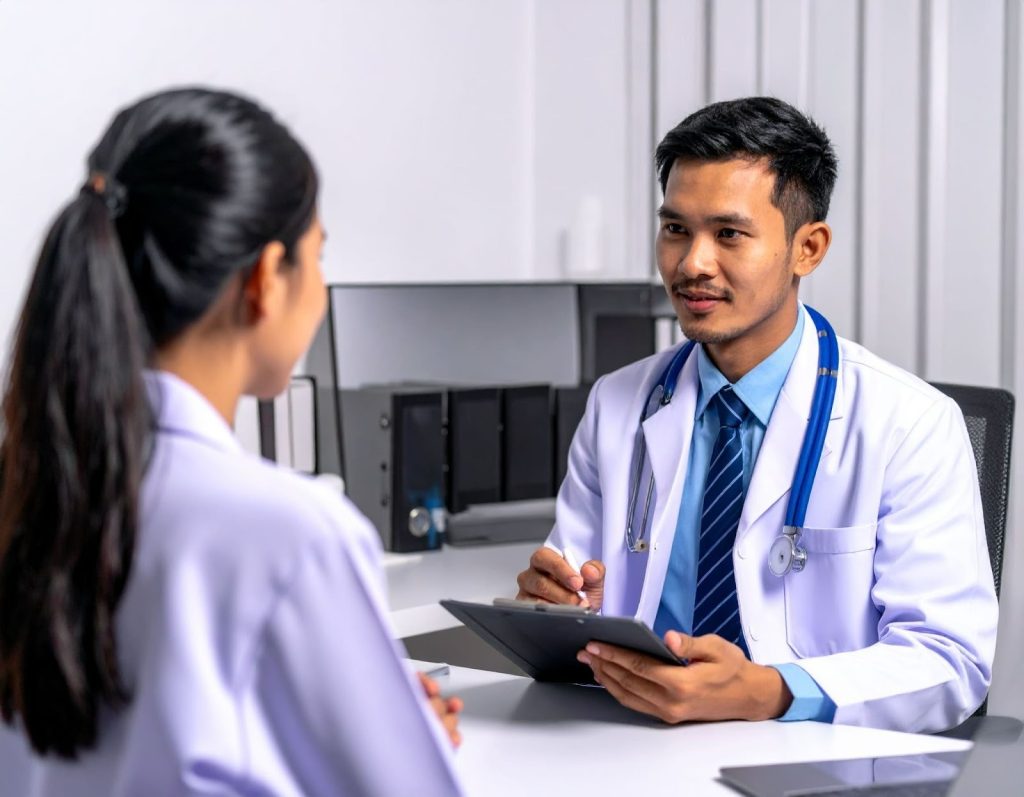 家庭醫師門診情境,醫師解釋三高與慢性病的關係