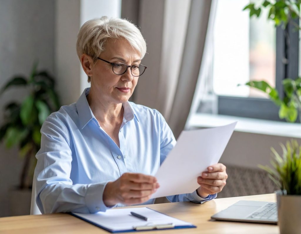 中年上班族坐在餐桌前看健檢報告