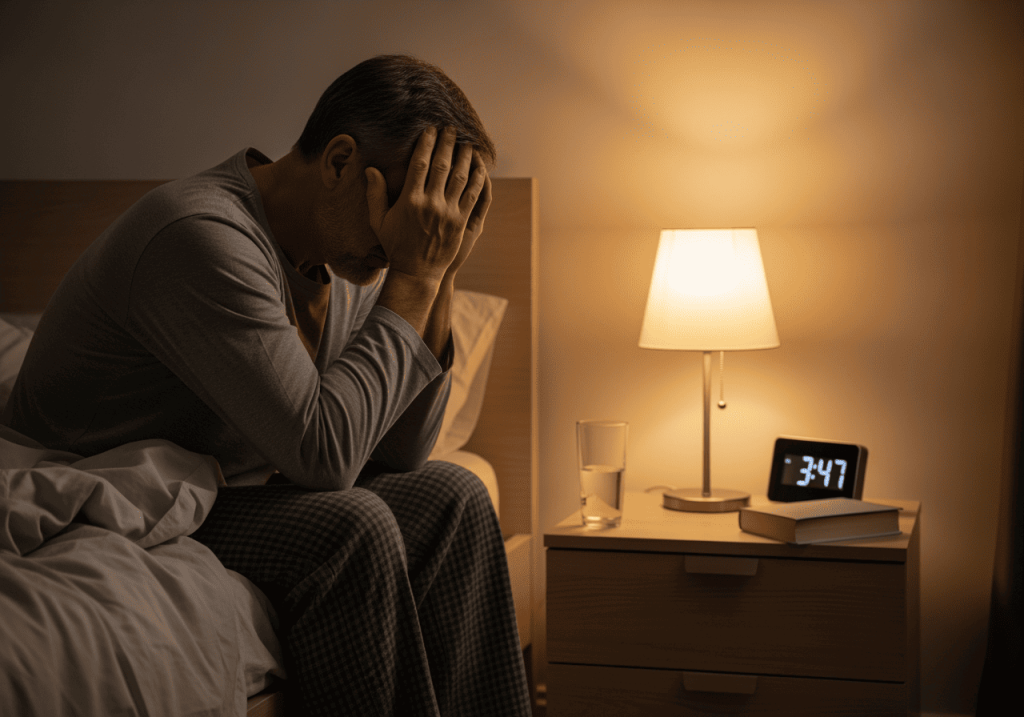 男性在床邊坐著，因頻尿難以入睡