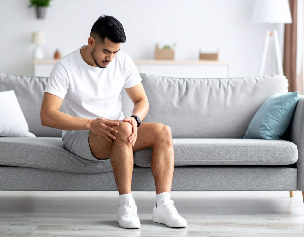 運動後坐在沙發上按摩關節