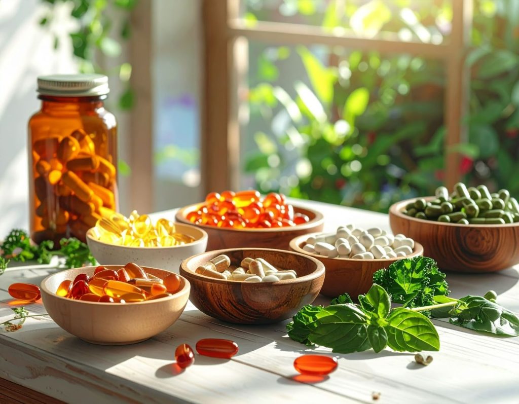 桌上擺滿各種營養補充品