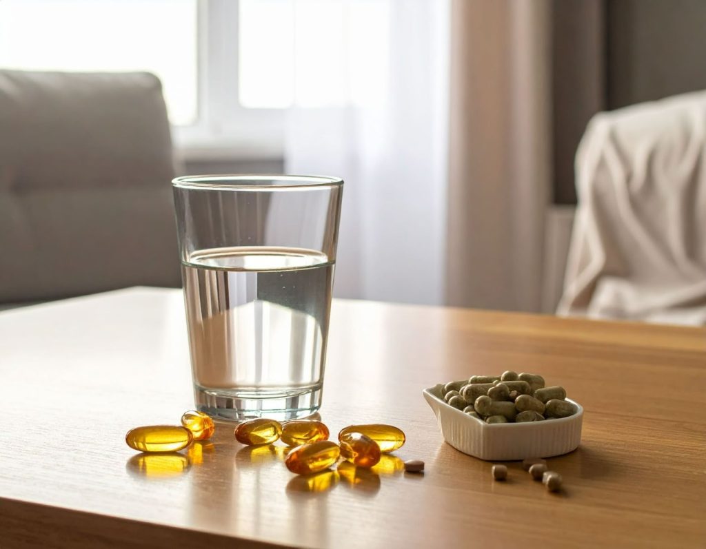 桌上保健品與一杯水 桌上保健品與一杯水