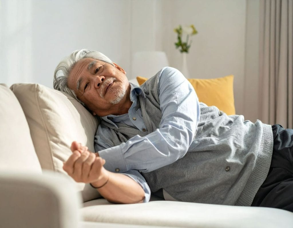 一名老人因為跌倒而躺在沙發上休息