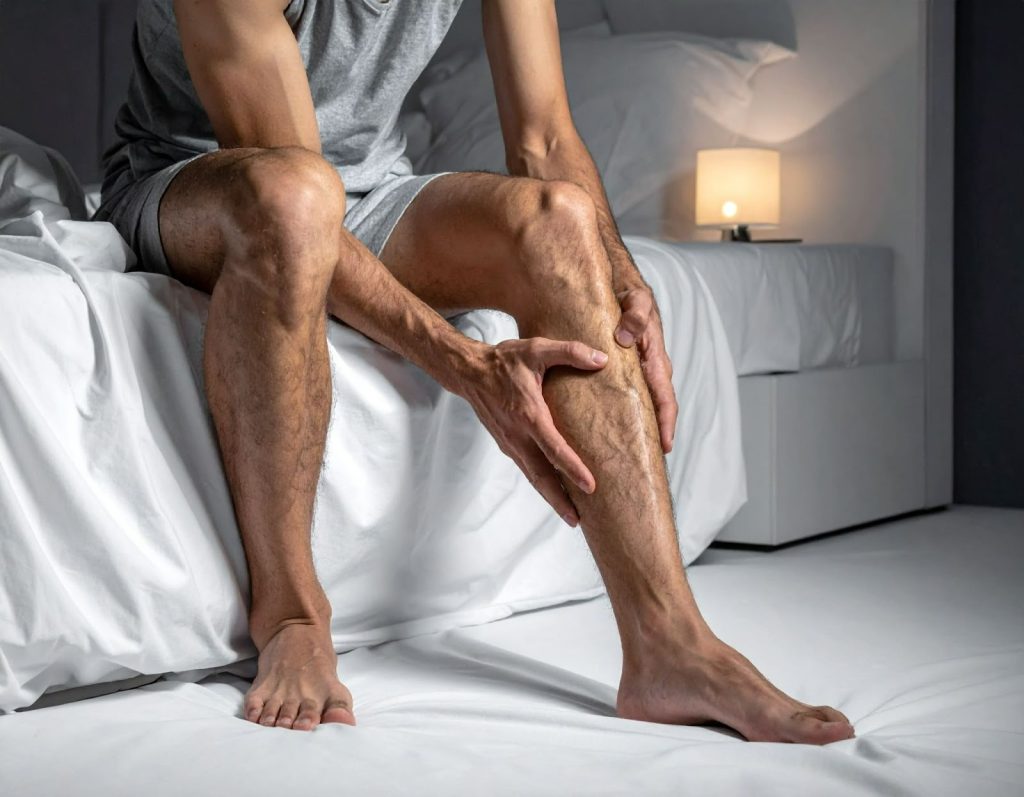 男性半夜坐在床上按著小腿露出疼痛表情