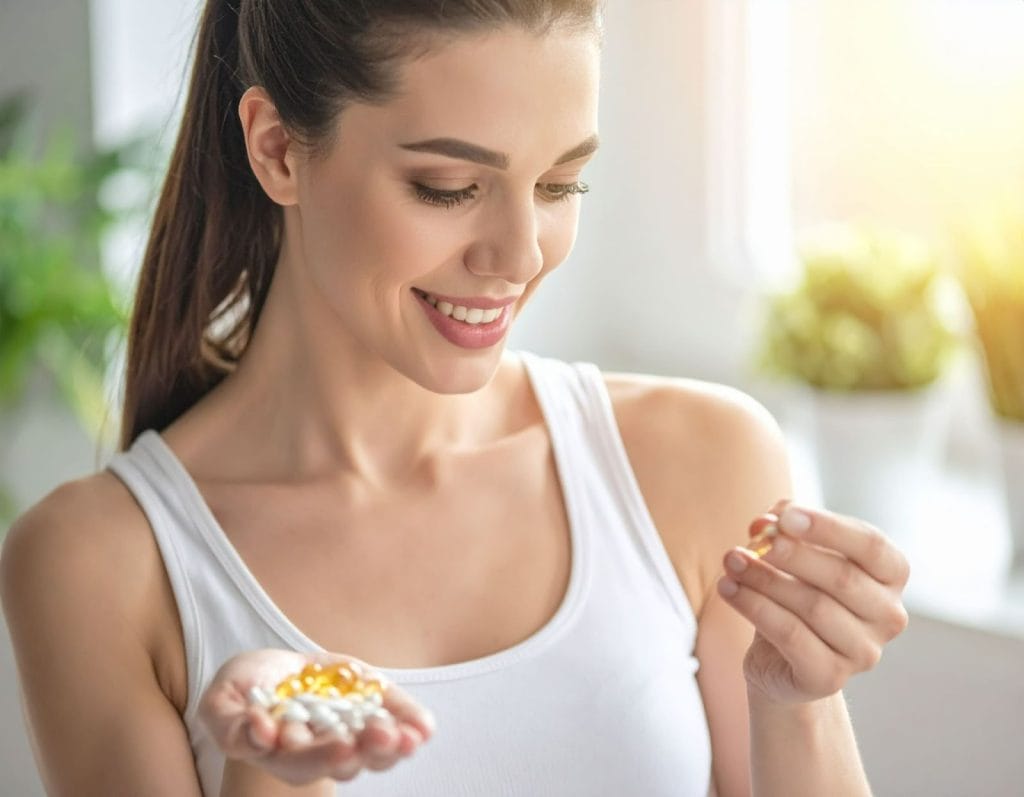 女子拿著魚油與鈣片比較