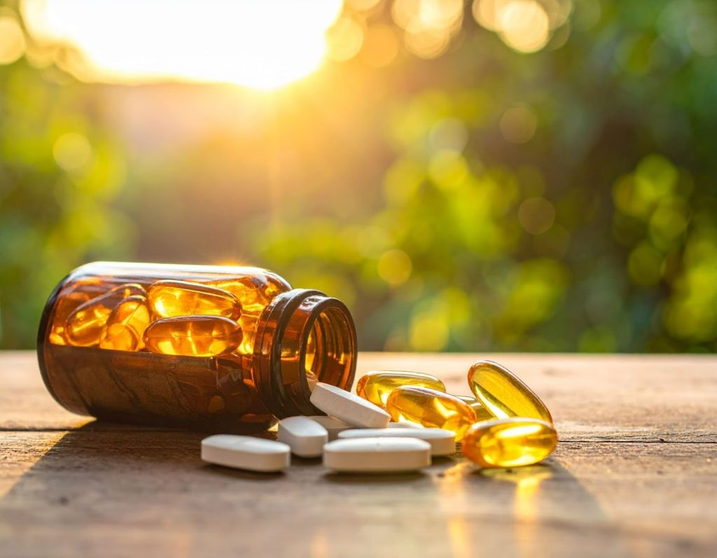 桌面放著魚油與鈣片保健品