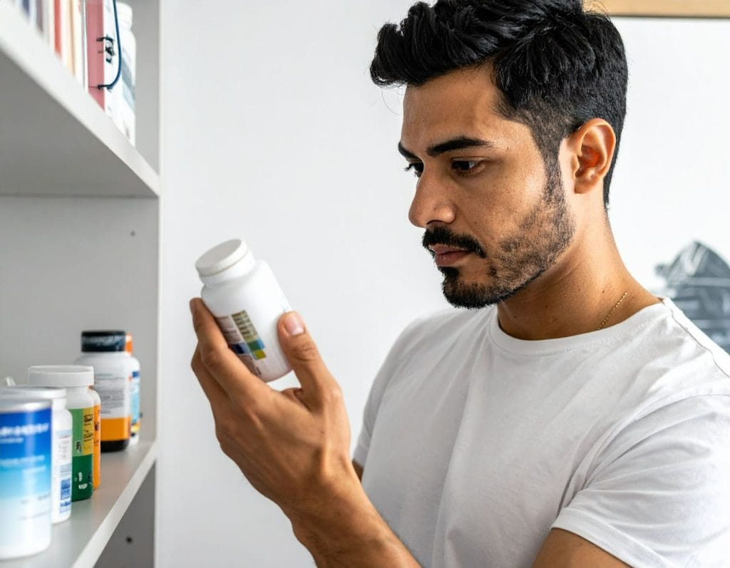 男子在家中查看保健品瓶罐 男子在家中查看保健品瓶罐