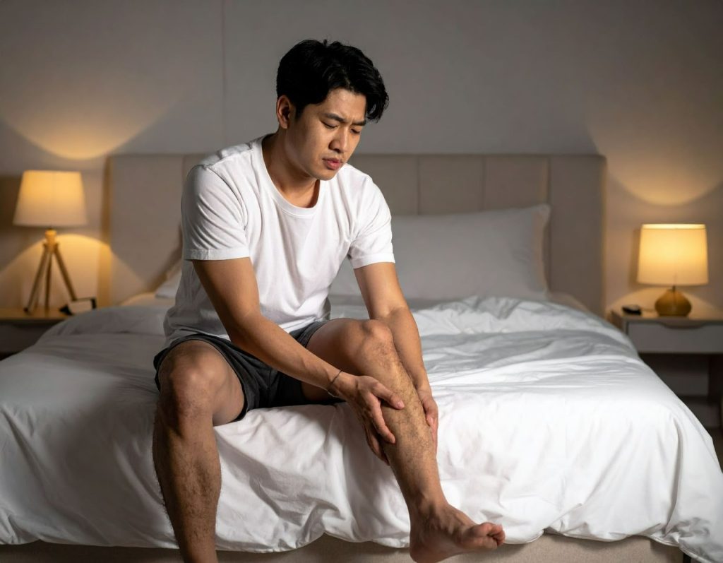 亞洲人男性半夜在床上扶著小腿露出抽筋疼痛表情